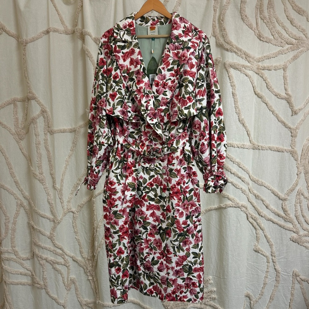 NWT FARM Rio Halftone Pink Bouganvillea Oversized Trench Coat Size Medium - Picture 6 of 15